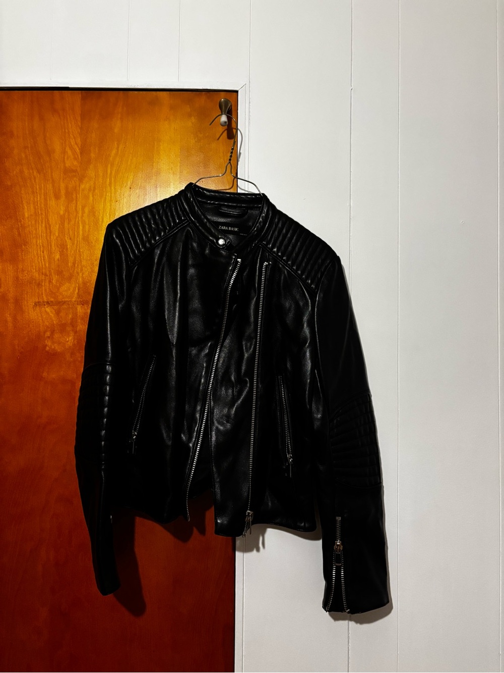 Zara Black Quilted Faux Leather Moto Jacket with Zip Details